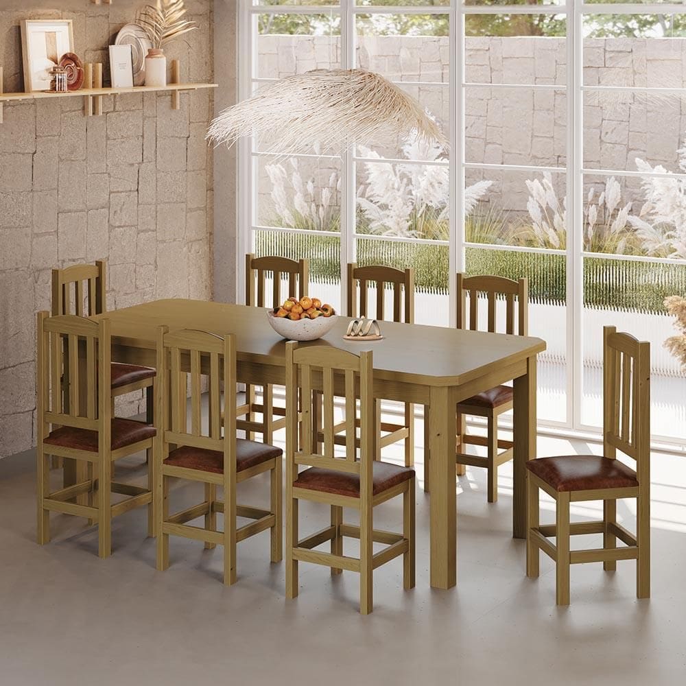 Conjunto Mesa Com 8 Cadeiras Com Estofado Corino Marrom 200cm Nogueira Diamante Shop Jm - Marrom