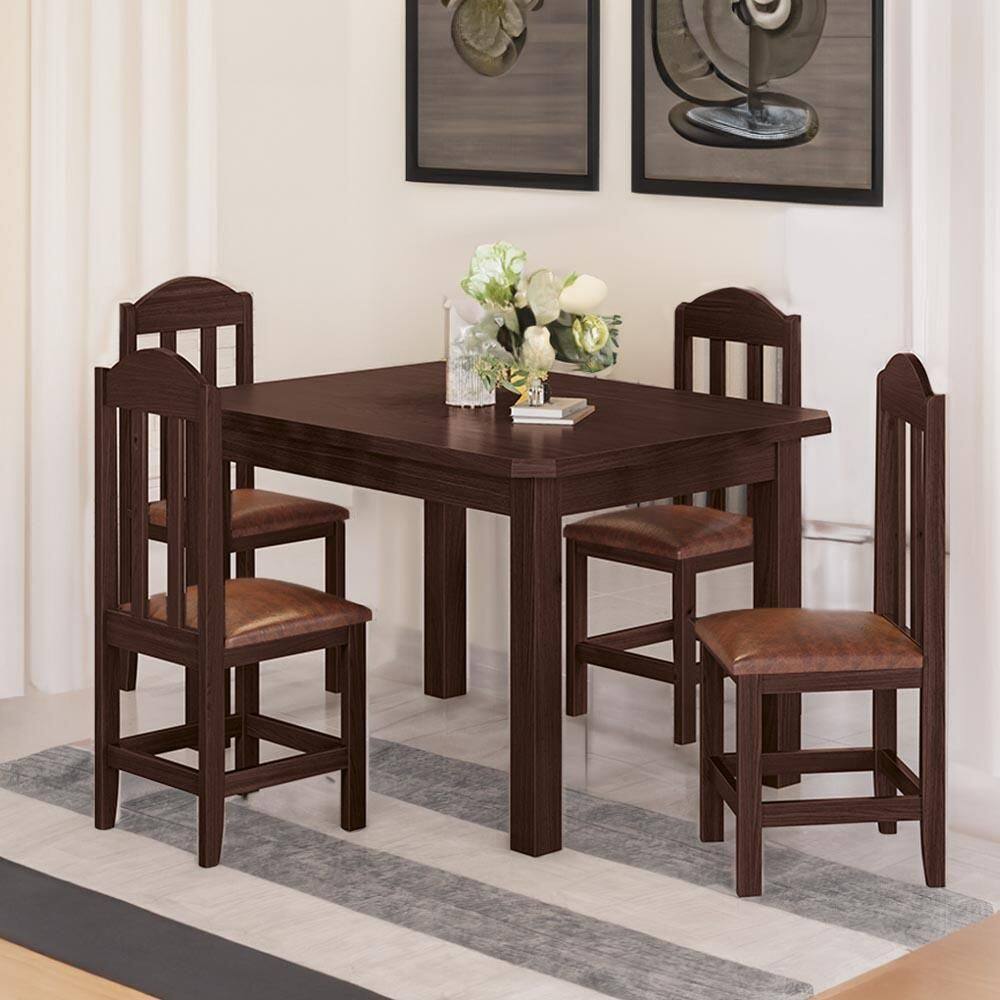 Conjunto Mesa Com 4 Cadeiras Madeira Maciça Estofado Corino Marrom 120cm Castanho Amelia Shop Jm - Marrom