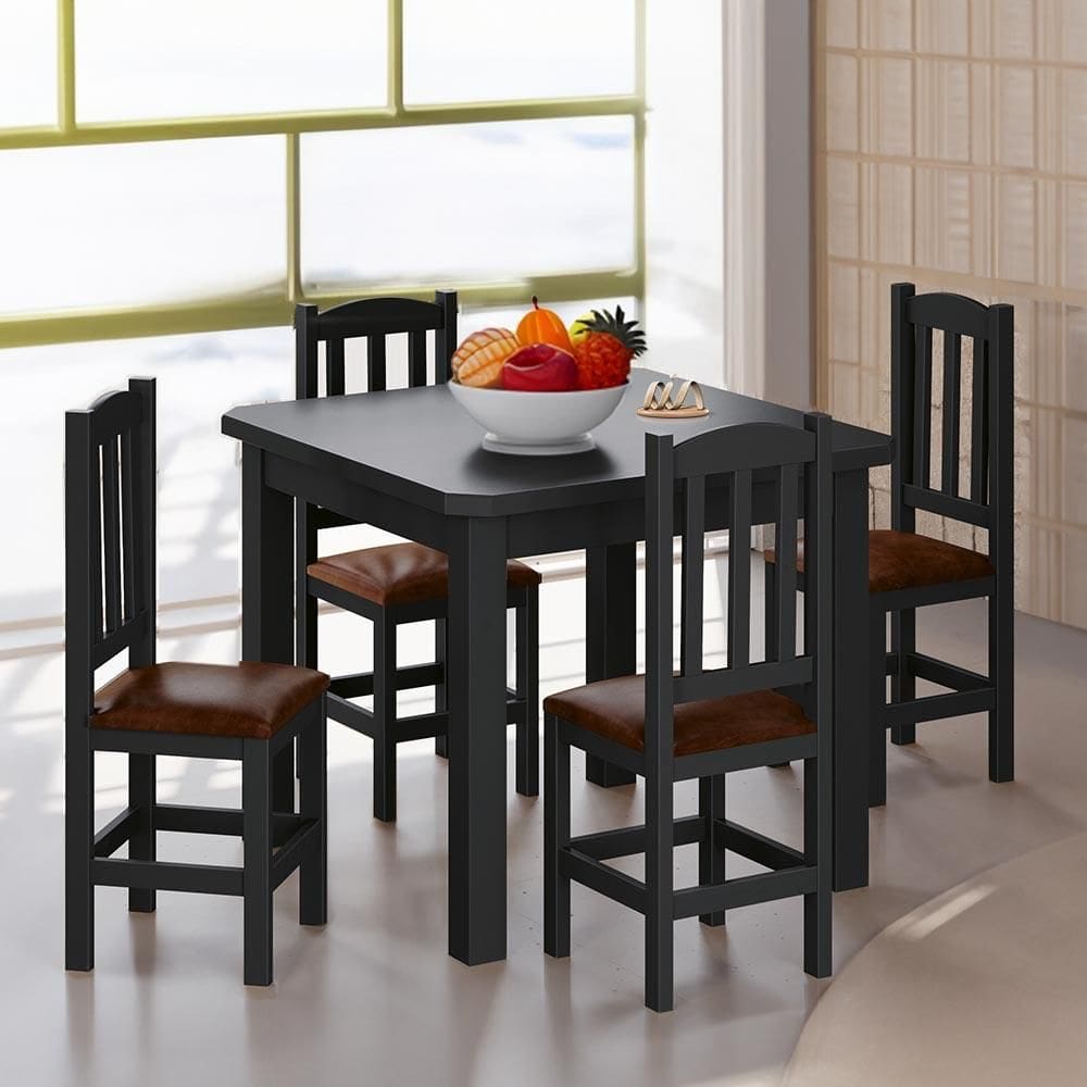 Conjunto Mesa Com 4 Cadeiras Madeira Maciça Estofado Corino Marrom 88cm Preto Sapphira Shop Jm - Preto