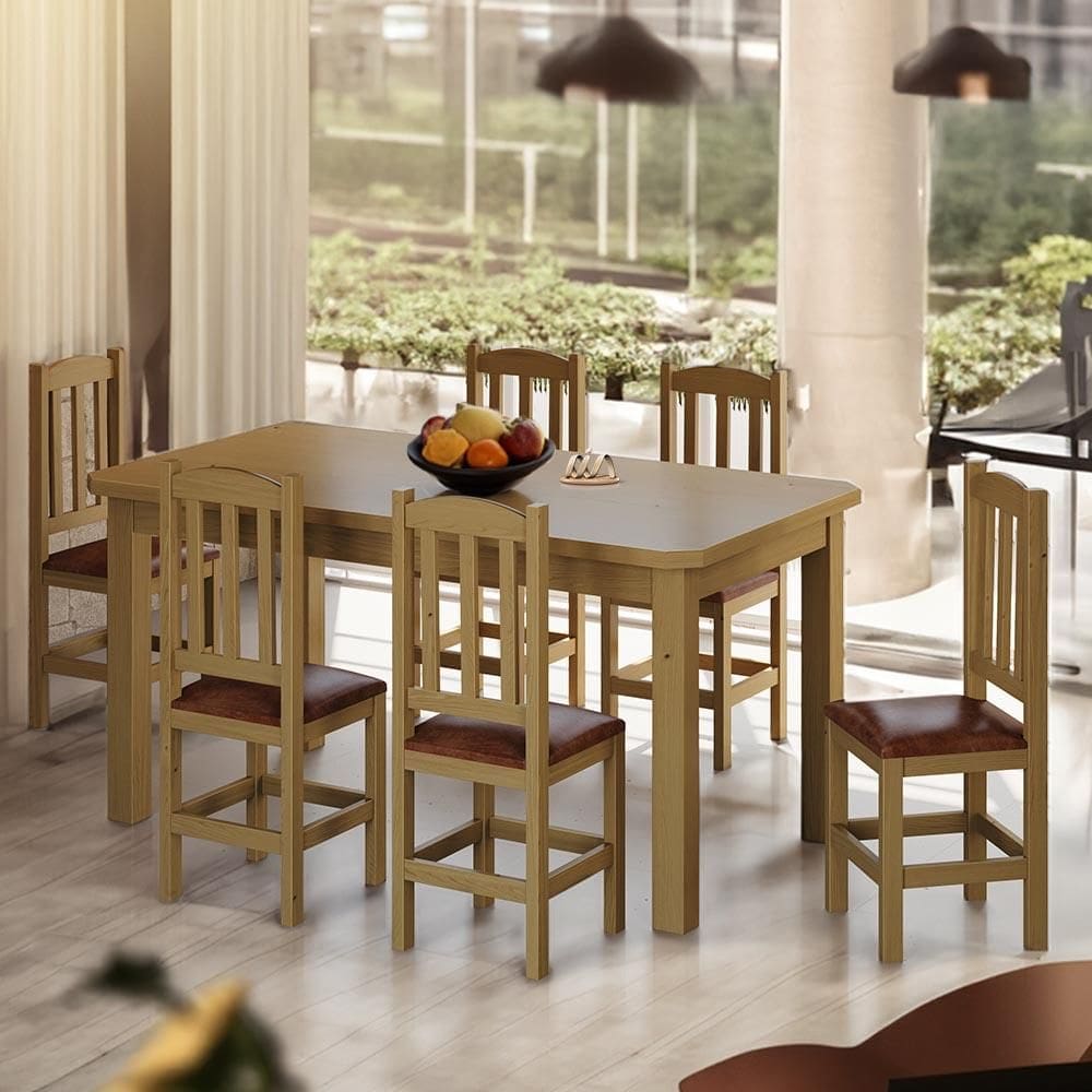 Conjunto Mesa Com 6 Cadeiras Madeira Maciça Estofado Em Corino 160cm Nogueira Sapphira Shop Jm - Marrom
