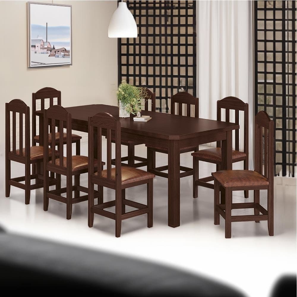 Conjunto Mesa Com 8 Cadeiras Madeira Maciça Estofado Corino Marrom 200cm Castanho Amelia Shop Jm