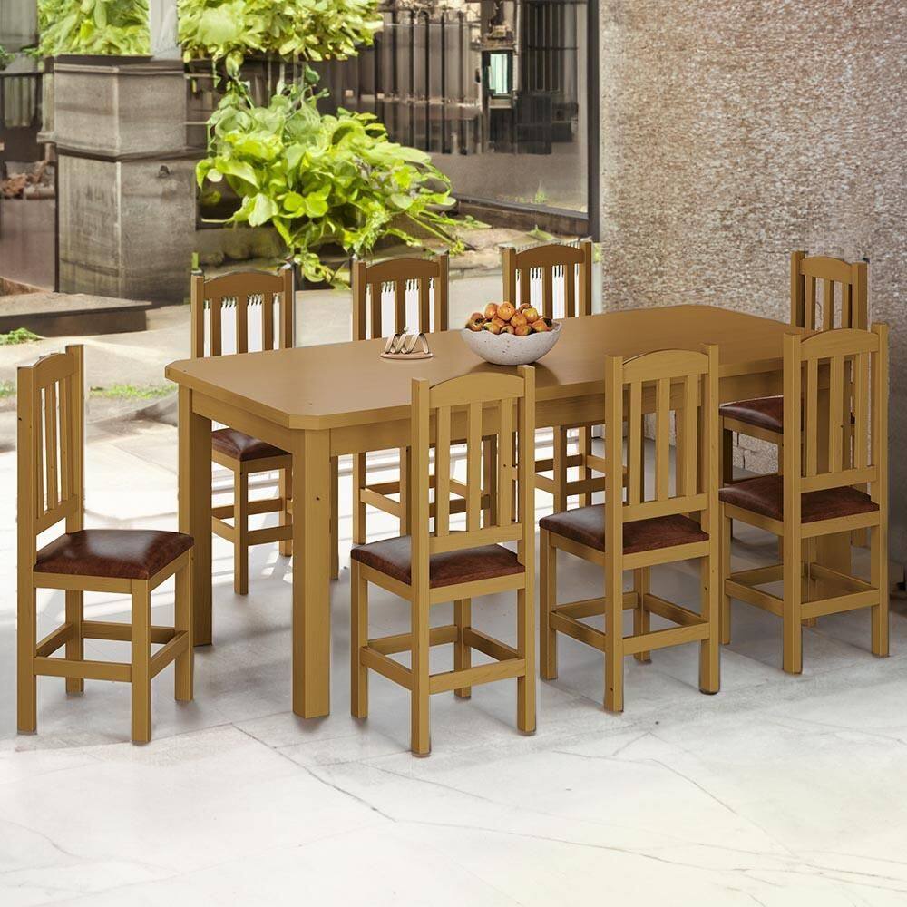 Conjunto Mesa Com 8 Cadeiras Madeira Maciça Estofado Corino 200cm Marrom Sapphira Shop Jm - Marrom