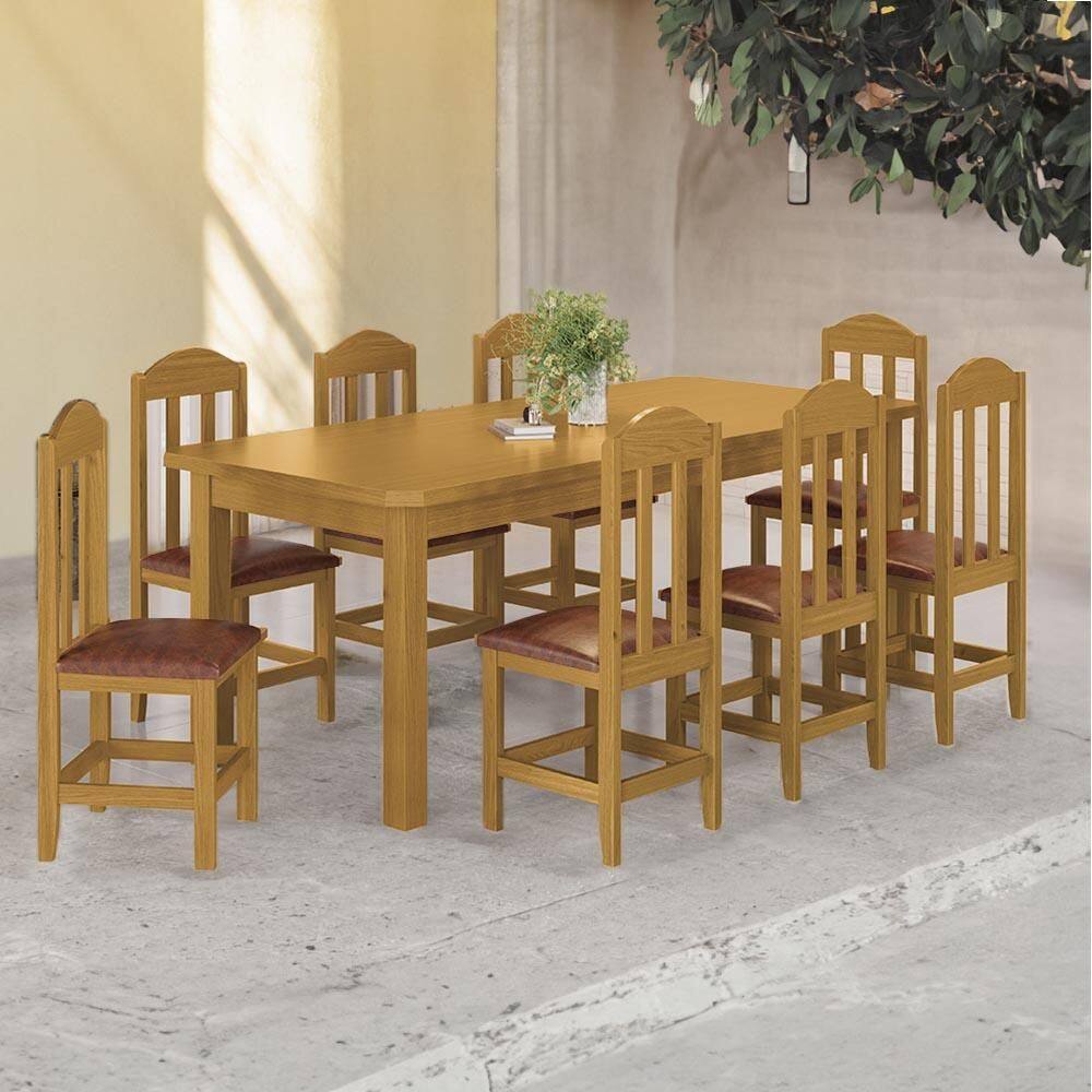 Mesa Com 8 Cadeiras Madeira Maciça Estofadas Corino Marrom 200cm Marrom Olivia Shop Jm - Marrom