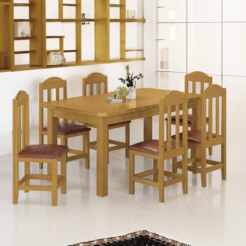 Mesa Com 6 Cadeiras Madeira Maciça Estofadas Corino Marrom 160cm Marrom Olivia Shop Jm - Marrom