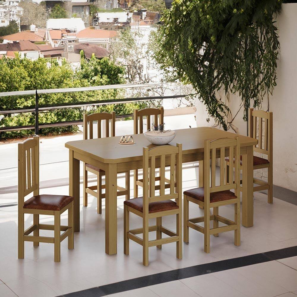 Mesa Com 6 Cadeiras Madeira Maciça Estofadas Corino 160cm Nogueira Stone Shop Jm - Marrom