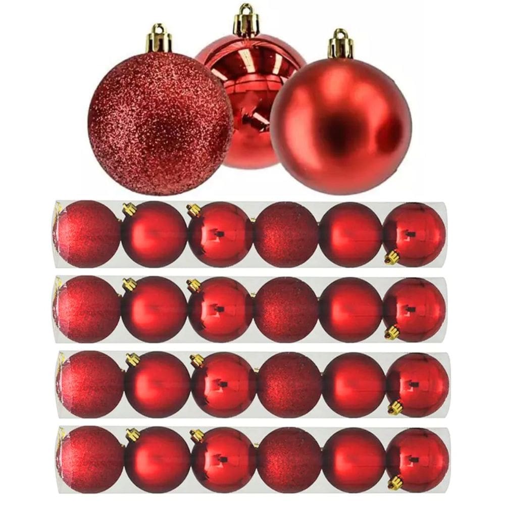 Kit 24 Bolas Natal Mista Glitter, Fosca, Lisa Vermelha 7cm - Master Christmas