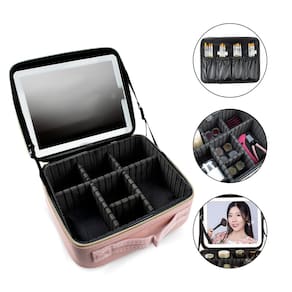 Maleta Bolsa Make Acessórios Espelho LED Porta Pincel Rosa