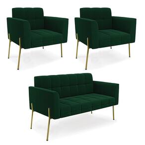 Namoradeira e 2 Poltronas Pé de Ferro Dourado Elisa Bouclê Verde D03 - D`Rossi