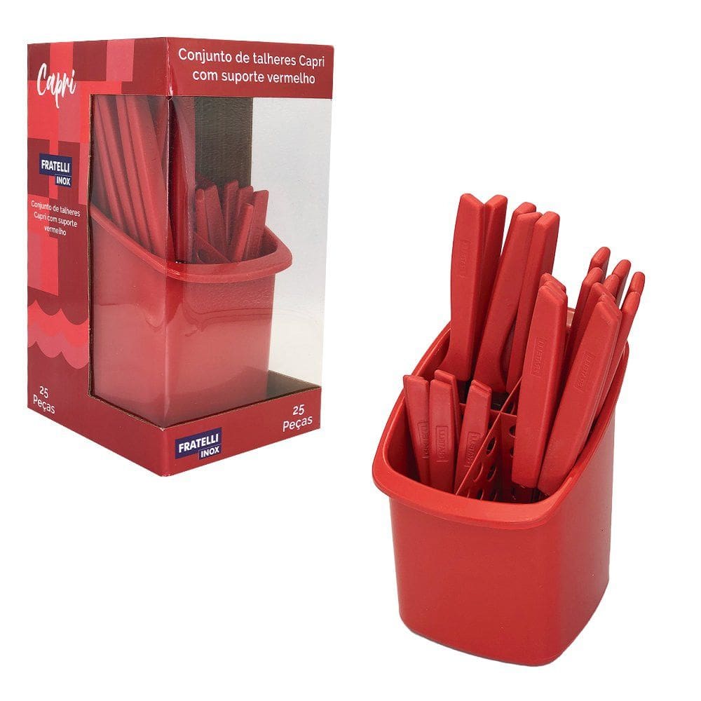 Conjunto Talheres com Porta Talher Capri 25 Peças Vermelho