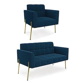 Namoradeira e Poltrona Pé de Ferro Dourado Elisa Bouclê Azul D03 - D`Rossi