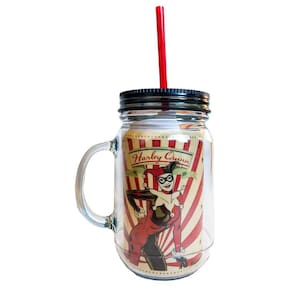 Caneca Jarra Canudo Tampa DC Arlequina Listras 550ml