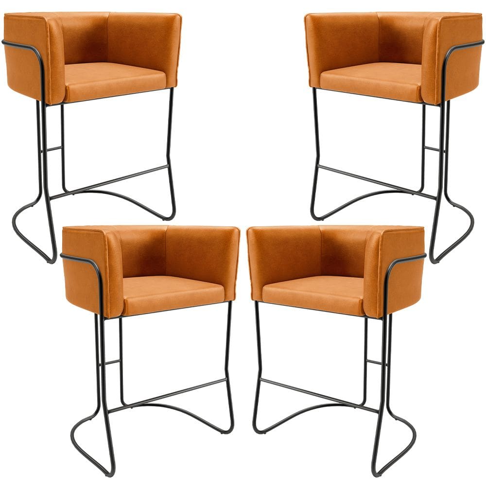 Kit 04 Banquetas Baixa Base de Aço Preto Betina D02 Couríssimo Whisky B-90 - Lyam Decor