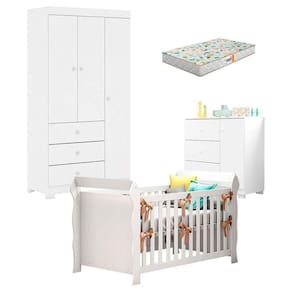 Quarto De Bebê Duda 3 Portas E Berço Americano Lara Branco Brilho Com Colchão Gazin - Phoenix Baby