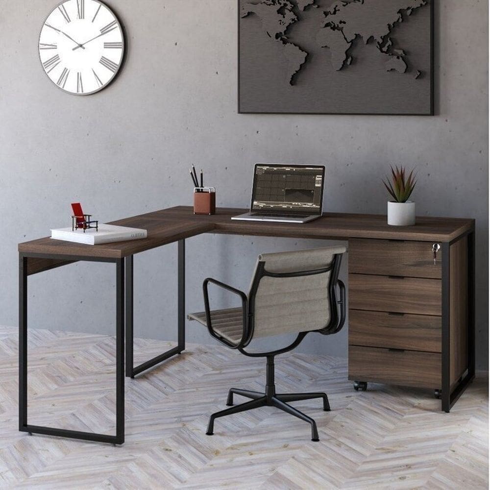 Mesa de Escritório em L Estilo Industrial 150x150cm com Gaveteiro Volante 4 Gavetas Nogal