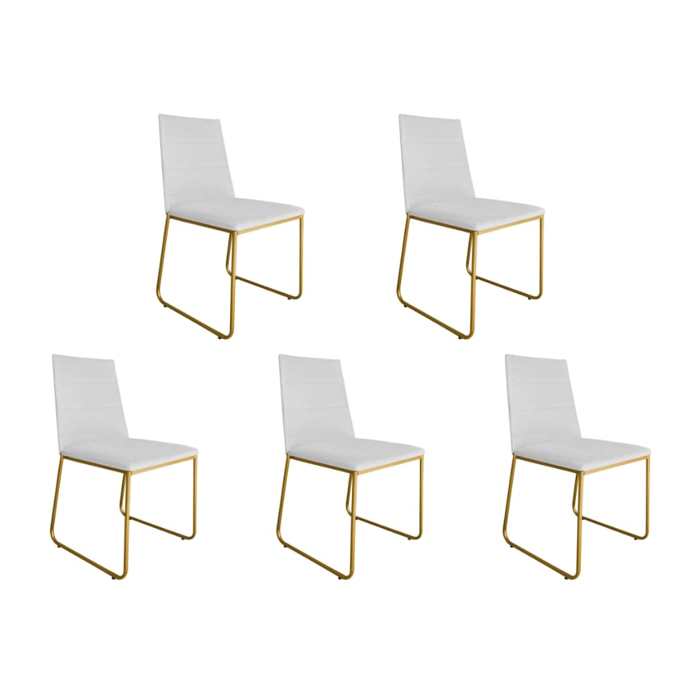 Kit 05 Cadeira de Jantar Estofada Lille Base Gold Courino Branco - Montanaris Decor