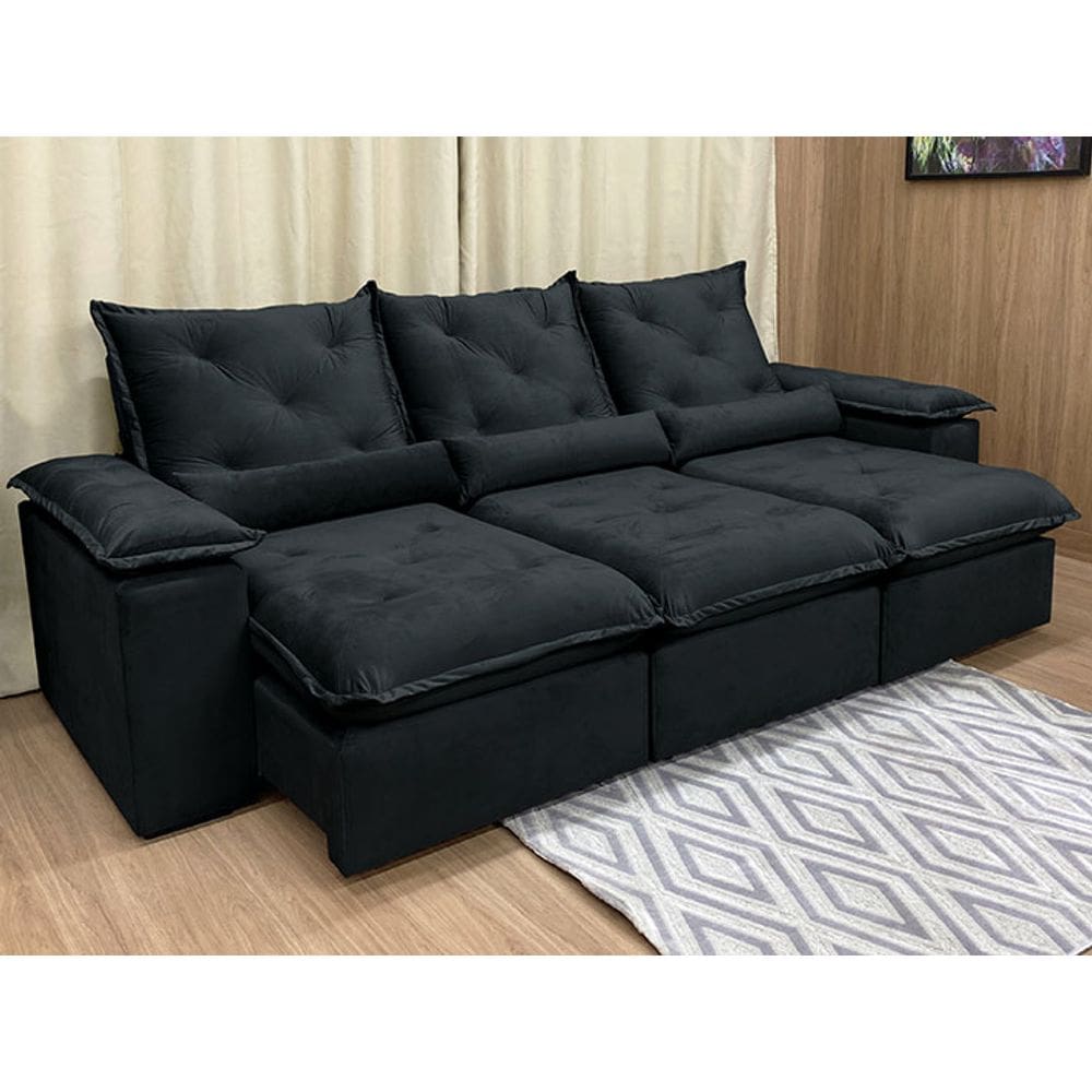 Sofá Retrátil Reclinável 2,70 m Preto 504 Zuqui Plus