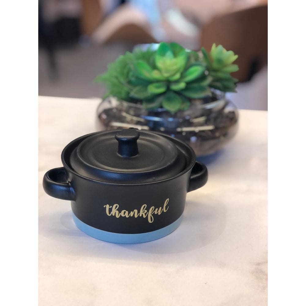 MINI CACAROLA CERAMICA THANKFUL PRETO MATT/AZUL 16x12,5x9cm