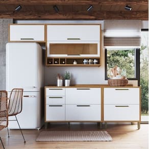 Cozinha Compacta 200cm com 4 Peças 4 Prateleiras e Vidro Reflecta 100% MDF Vicenza Espresso Móveis Amêndoa/Branco