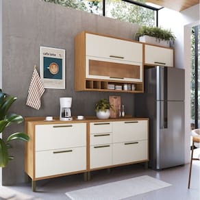 Cozinha Compacta 200cm com 4 Peças Vidro Reflecta e 3 Gavetas 100% MDF Vicenza Espresso Móveis Amêndoa/Off White