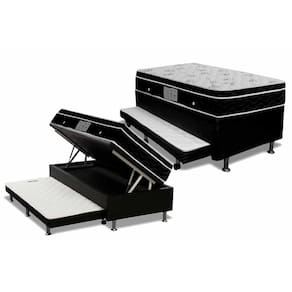 Cama Box Baú c/Auxiliar Solteiro: Colchão Molas Ortobom Nanolastic Physical + Base CRC Courano Black(88x188)