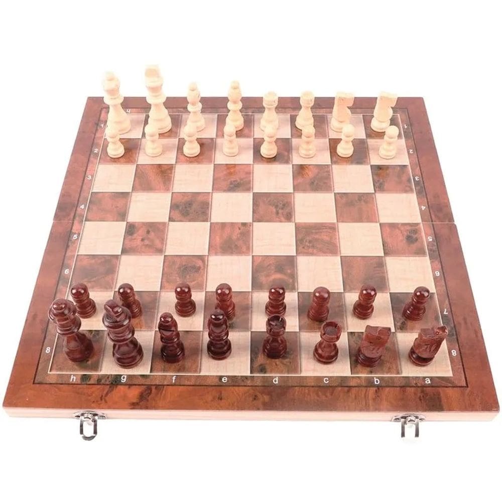 Jogo De Xadrez Dama E Gamão De Madeira 24 x 24 Cm
