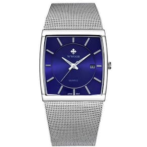 Relógio De Quartzo Masculino Design Quadrado De Malha De Aço Inoxidavel Impermeável Azul Prata