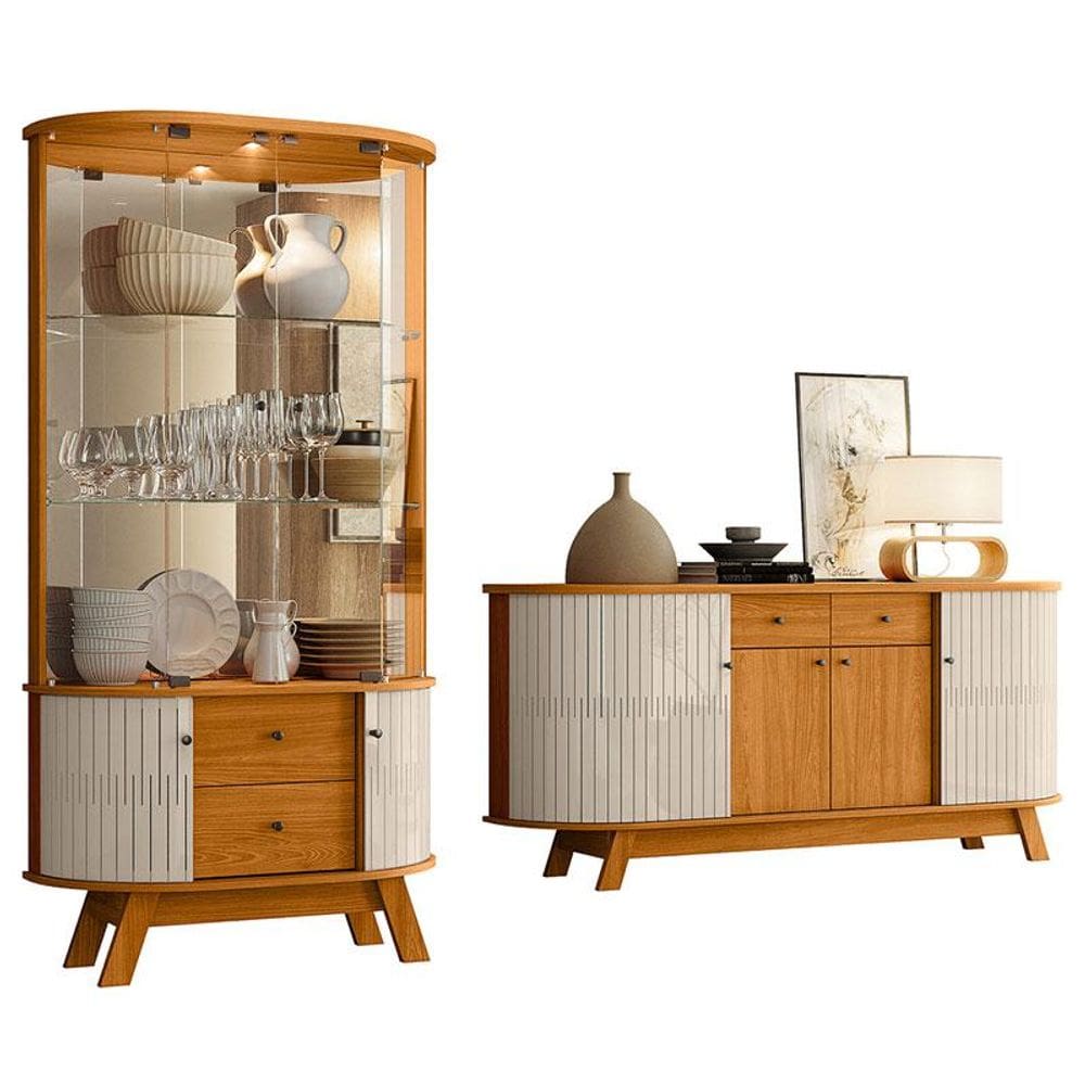 Aparador para Sala Buffet Mônaco e Cristaleira Moss Cinamomo Off White - Madetec