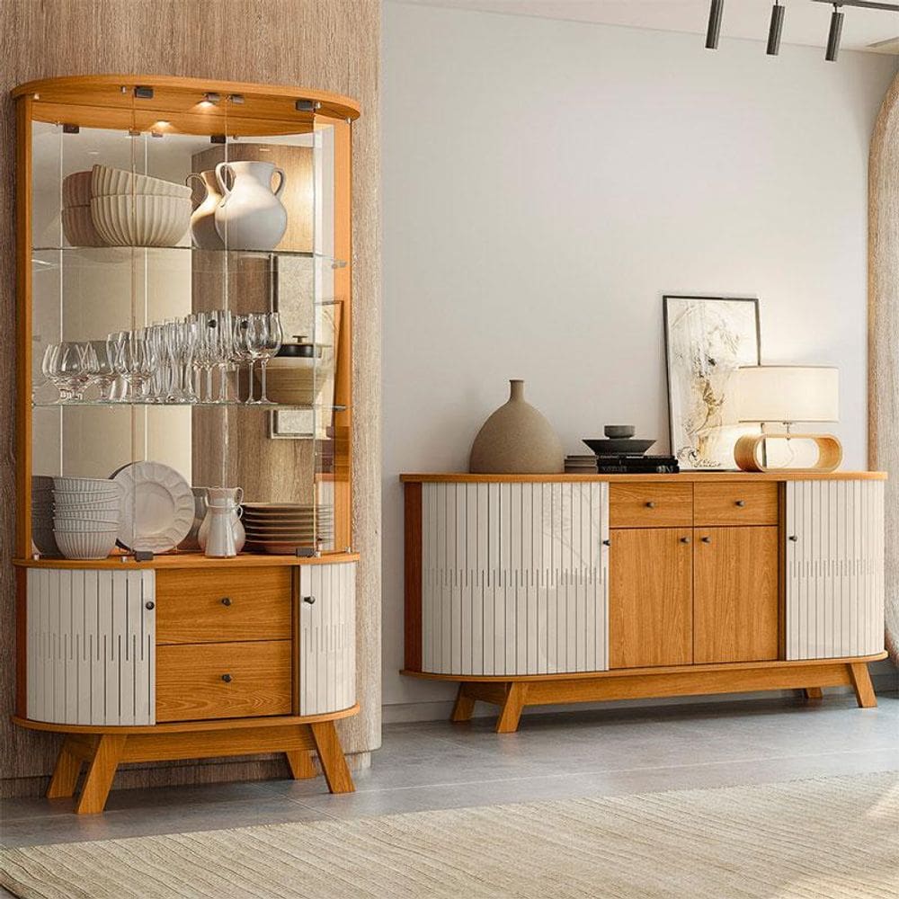 Aparador para Sala Buffet Ambiente Mônaco e Cristaleira Moss Cinamomo Off White - Madetec