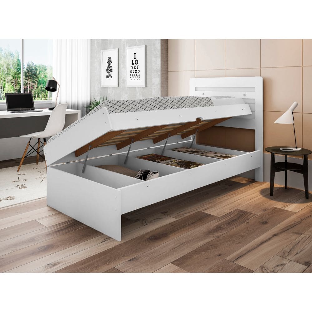 Cama Solteiro Com Bau Framar Larissa Branca Laqueada Mdf/Mdp