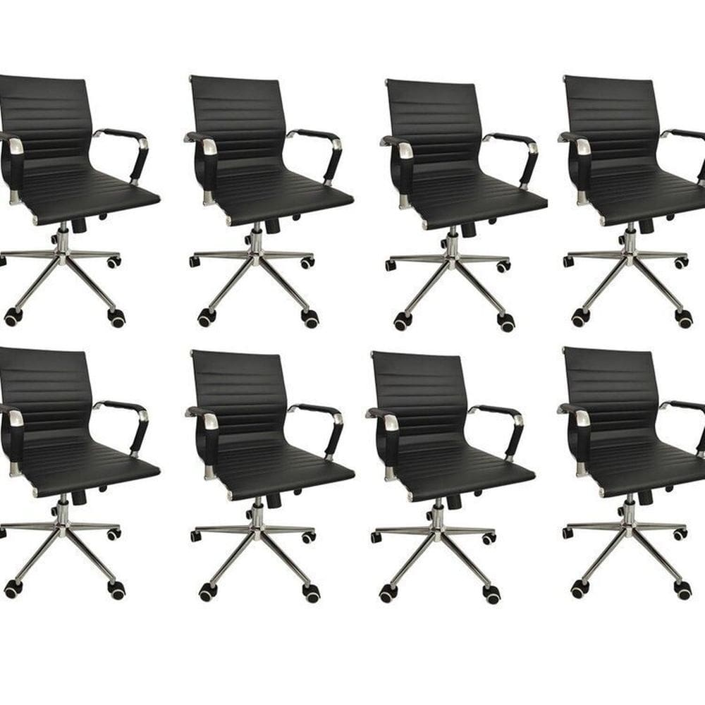 Conjunto com 8 Cadeiras Office com Rodízio e Encosto Esteirinha Baixa Preto