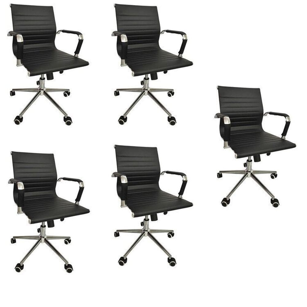 Conjunto com 5 Cadeiras Office com Rodízio e Encosto Esteirinha Baixa Preto