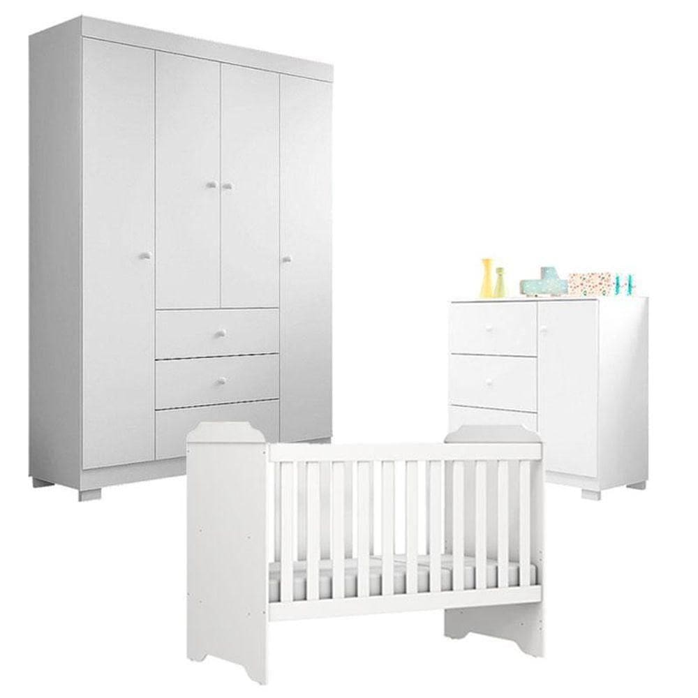 Quarto De Bebê Duda 4 Portas Com Berço Americano Mini Cama Mel Branco Brilho - Phoenix Baby