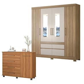 Cômoda Flora E Guarda Roupa Casal Bilbao Amêndola Off White Com Espelho - Demóbile