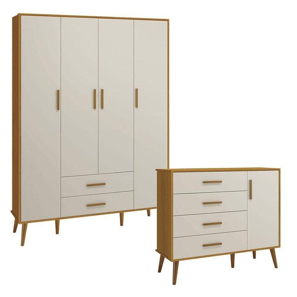 Cômoda Com Porta E Guarda Roupa Infantil 4 Portas Isis Areia Acetinado Savana - Reller