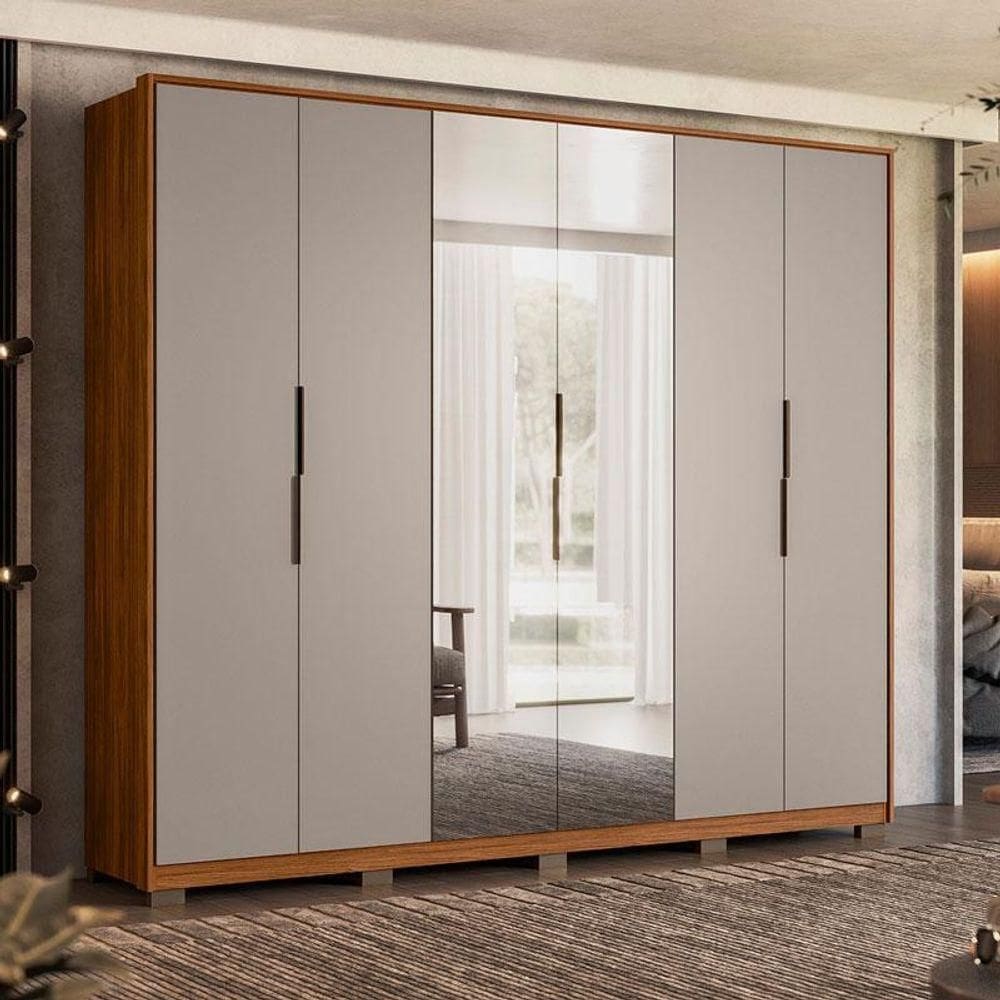 Guarda Roupa Casal Atrice Ambiente 6 Portas Nogueira Nude Prime Tx Com Espelho E Pés Demóbile - Demartêz
