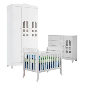 Quarto De Bebê New Selena 3 Portas Com Berço Lila E Cômoda Selena Branco Brilho - Carolina Móveis