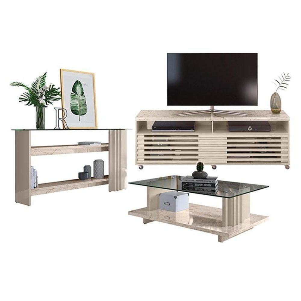 Rack Bancada Com Aparador E Mesa De Centro Frizz Cross Calacata Off White - Madetec