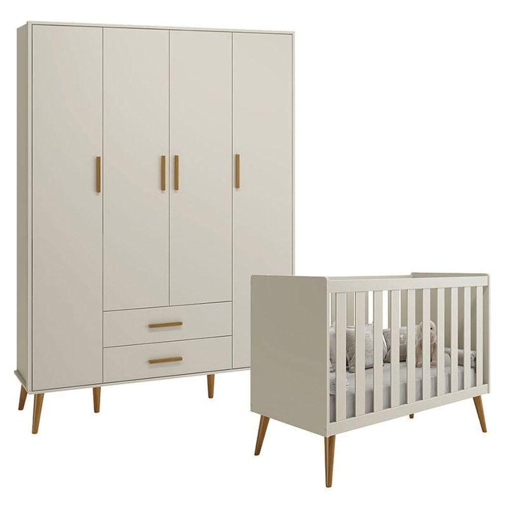 Berço Americano E Guarda Roupa Infantil 4 Portas Isis Areia Acetinado - Reller