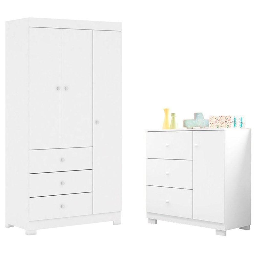 Cômoda Infantil Com Guarda Roupa 3 Portas Duda Branco Brilho - Phoenix Baby