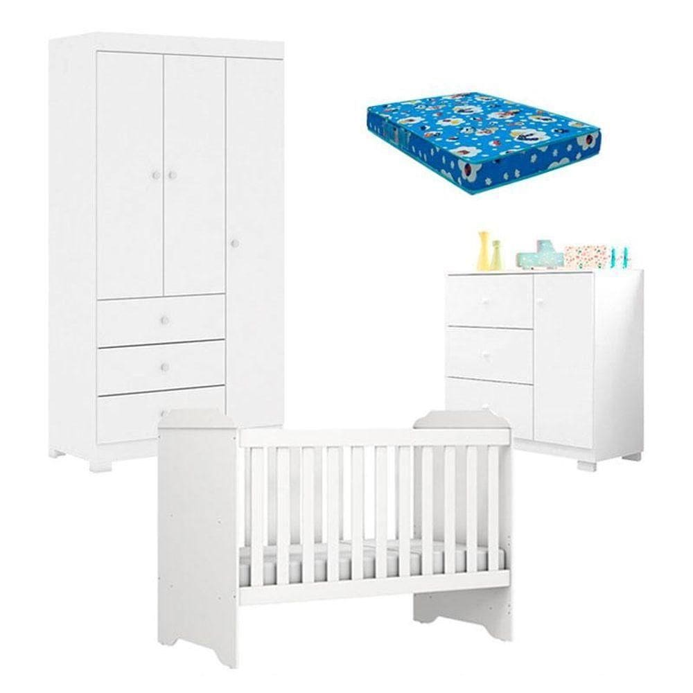 Quarto De Bebê Duda 3 Portas E Berço Americano Mini Cama Mel Branco Brilho Com Colchão Ortobom