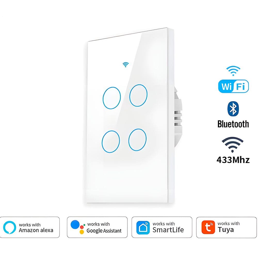 Interruptor De Parede Inteligente Com 4 Botões Touch, Compatível Com Alexa e Google Assistant, Tuya - Branco