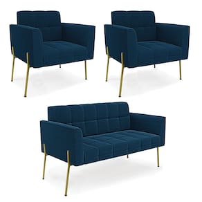 Namoradeira e 2 Poltronas Pé de Ferro Dourado Elisa Bouclê Azul D03 - D`Rossi