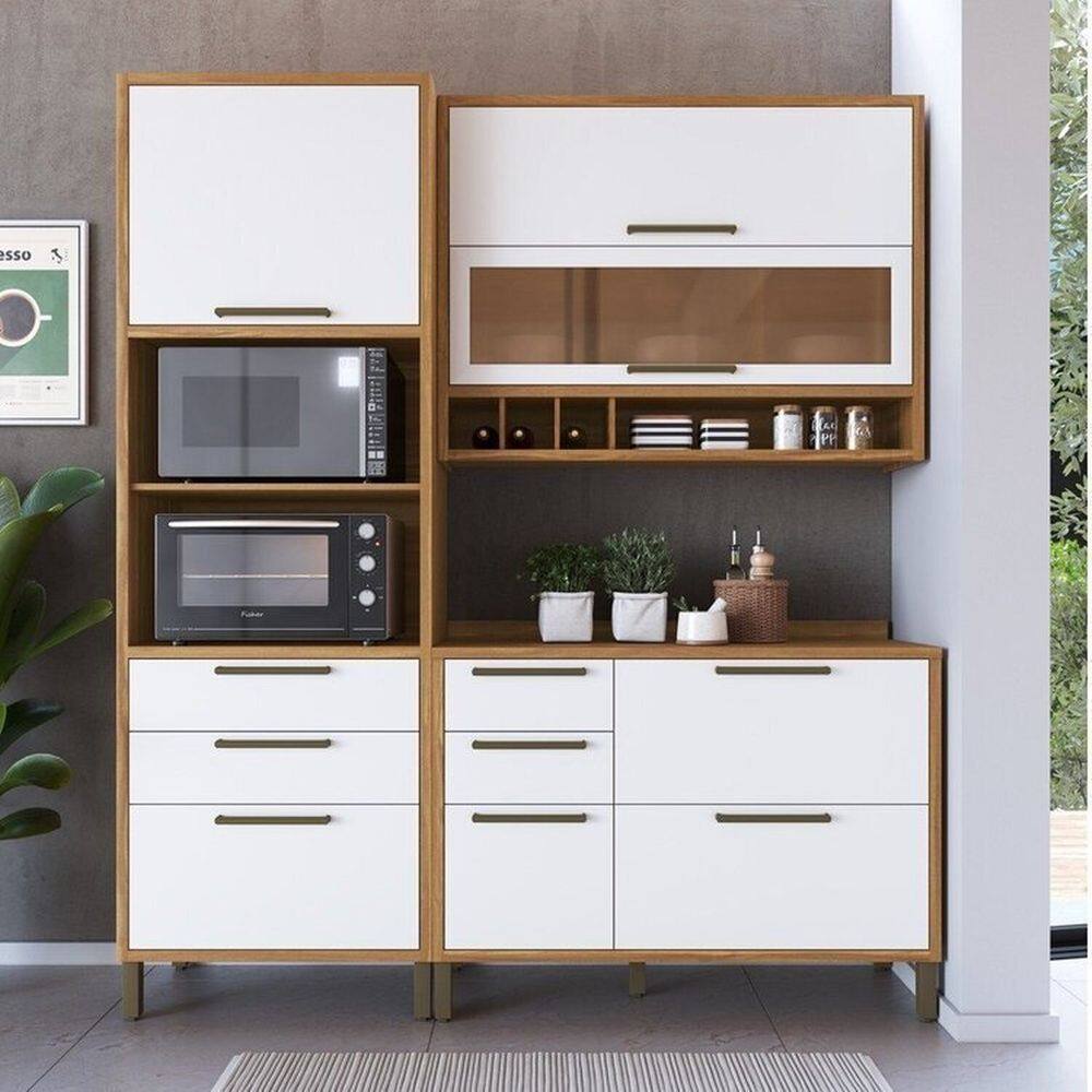 Cozinha Compacta 194cm com 3 Peças Vidro Reflecta e torre quente 100% MDF Vicenza Espresso Móveis Amêndoa/Branco