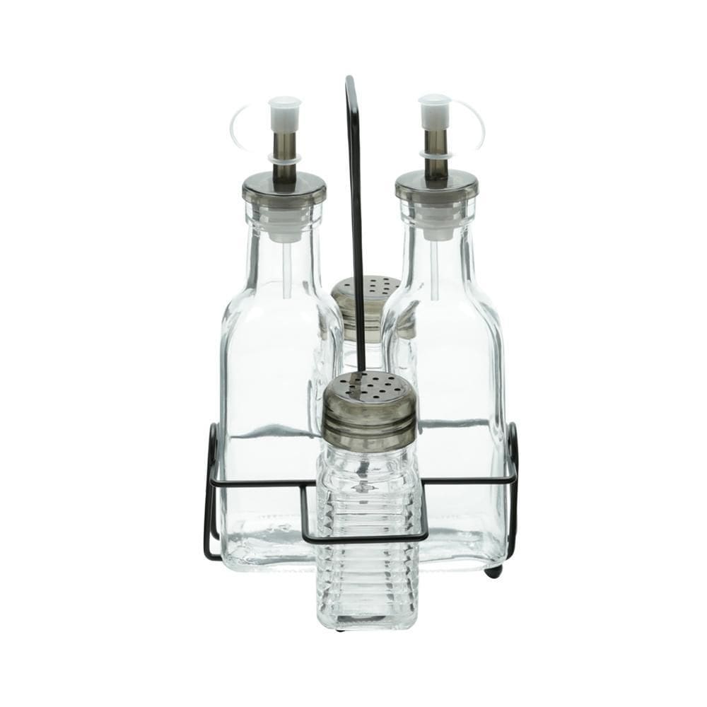 Jogo 4 Peças Galheteiro de Vidro com Suporte de Metal Preto