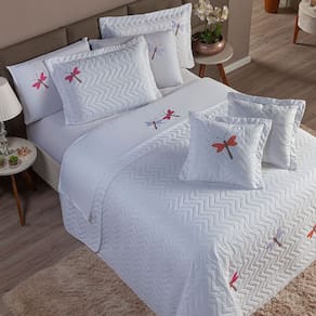 Cobre Leito Casal Padrão Matelado 3 Peças Bordado Libélula Branco