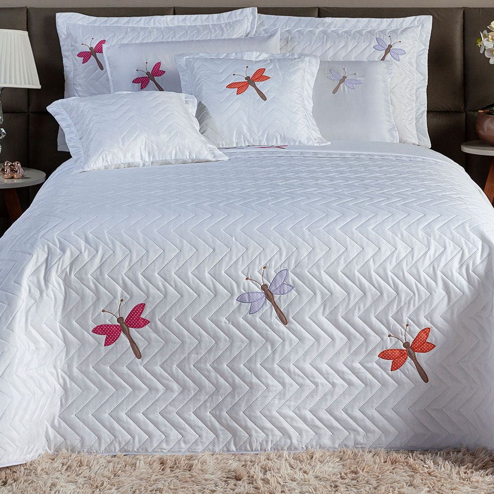 Cobre Leito Casal Queen Size Matelado 3 Peças Bordado Libélula Branco