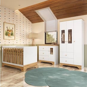 Quarto de Bebê Completo Guarda-roupa e Cômoda com Janelas e Berço 100% Mdf Ravy Espresso Móveis Branco Brilho/Amêndoa