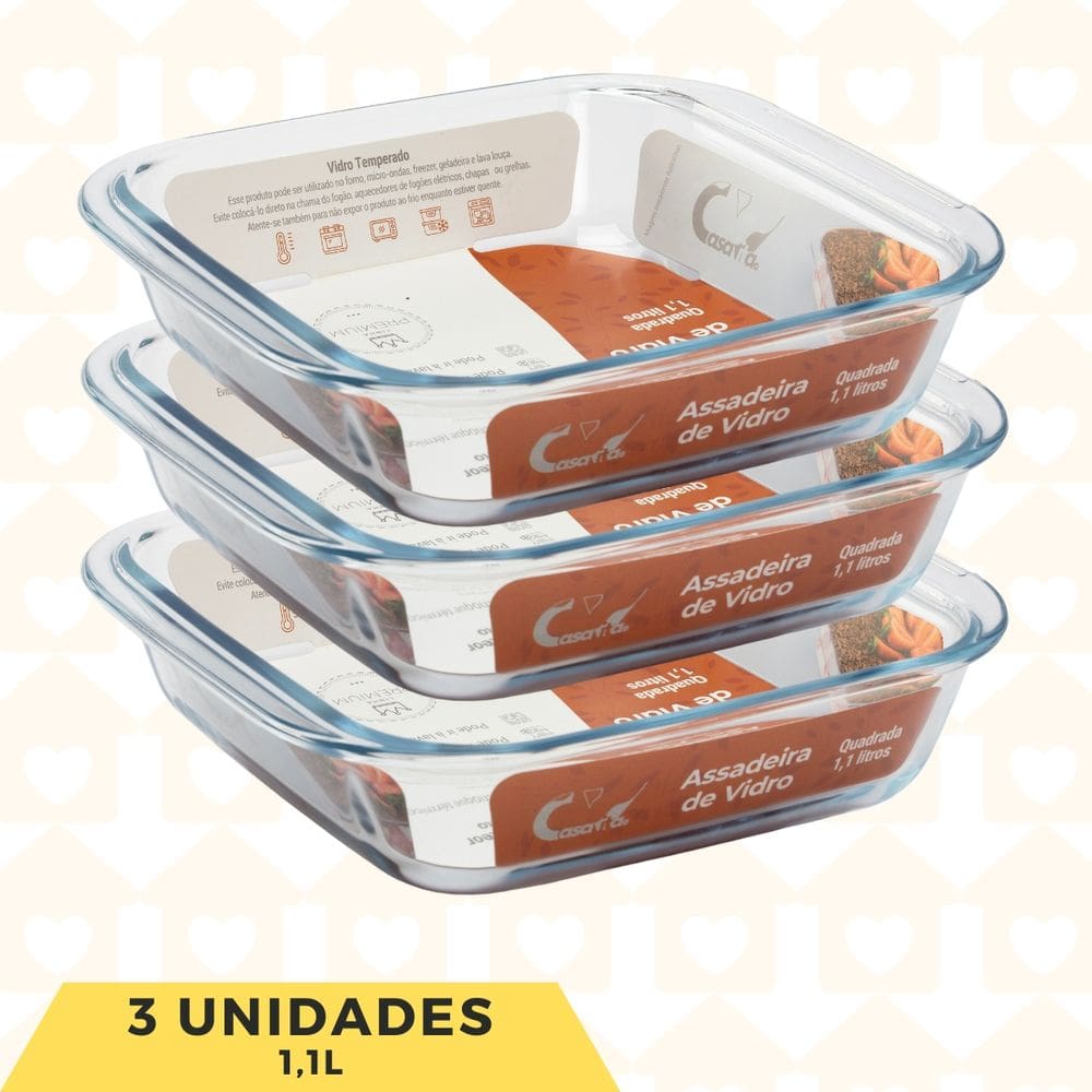 Assadeira Forma Vidro Trasparente Quadrado 1,1L S/ Tampa 3un