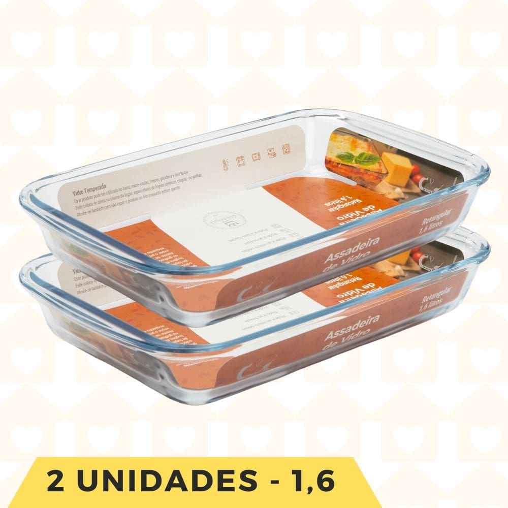 Kit 2 Assadeira Tigela Vidro Transparente 1,6L Forma S/ Tampa