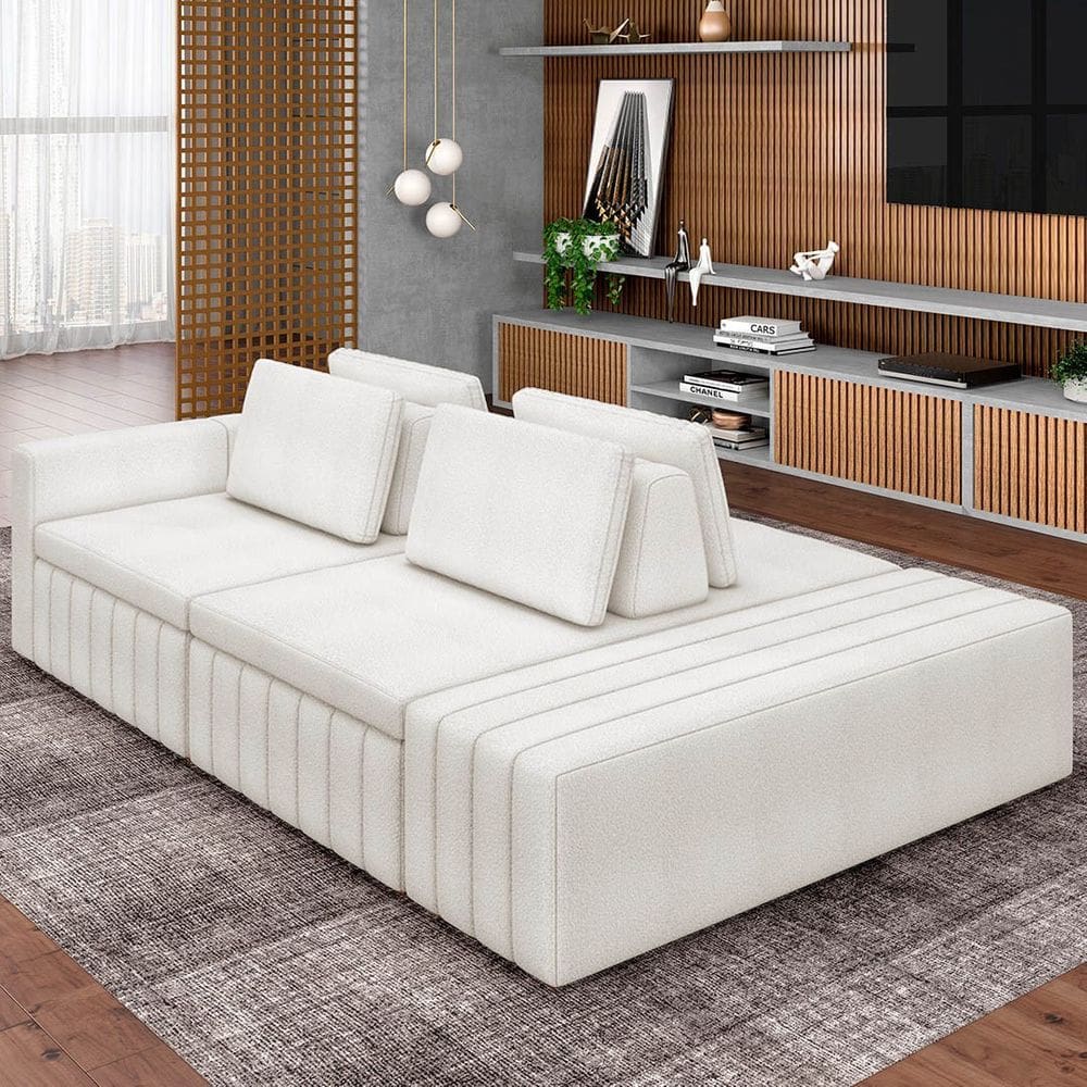 Sofá Ilha e Puff Sala Living 285cm Siesta M22 Bouclê Bege Claro - Mpozenato
